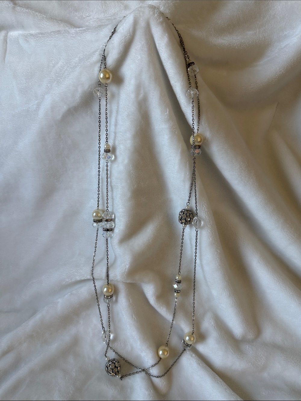 Long Silver Chain Necklace with Pearls and Crystal Beads